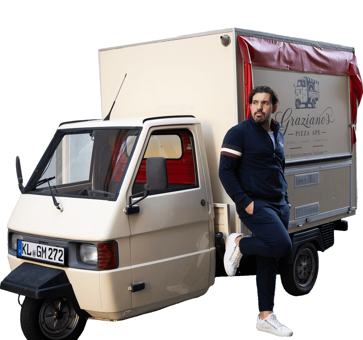Graziano's Pizza Ape von vorne mit geöffnetem Sonnendach