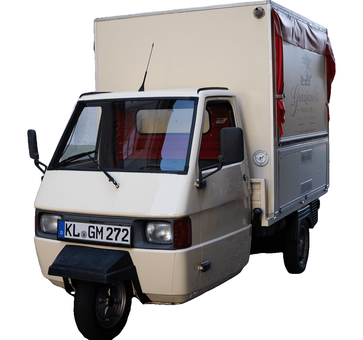 Graziano's Pizza Ape von hinten mit rotem Dach und Logo